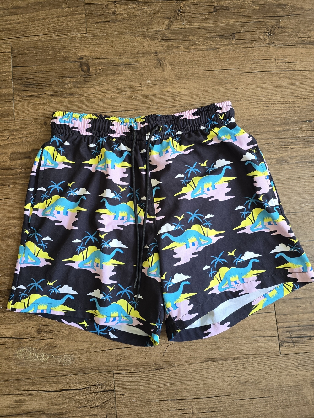 crown & ivy Black Swim Trunks with Yellow, Blue & Pink Dino Print